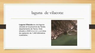 laguna de vilacota:
Laguna Vilacota es una laguna
ubicada en la provincia de Tarata,
departamento de Tacna. Está
situada a 4445 m.s.n.m. y un área
de captación de 1.440 kilómetros
cuadrados.1
 