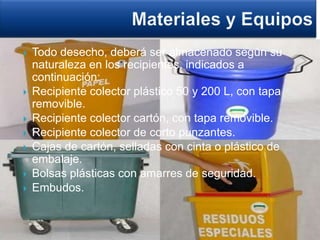  Todo desecho, deberá ser almacenado según su
naturaleza en los recipientes, indicados a
continuación:
 Recipiente colector plástico 50 y 200 L, con tapa
removible.
 Recipiente colector cartón, con tapa removible.
 Recipiente colector de corto punzantes.
 Cajas de cartón, selladas con cinta o plástico de
embalaje.
 Bolsas plásticas con amarres de seguridad.
 Embudos.
 