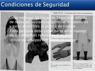  Debe manejar las Hojas de Seguridad (MSDS)
de todas las sustancias químicas o materiales
y estar accesibles al puesto de trabajo.
 Toda persona debe capacitarse en el manejo
de los desechos referentes a su área.
 Utilice los equipos EPP según el riesgo.
 