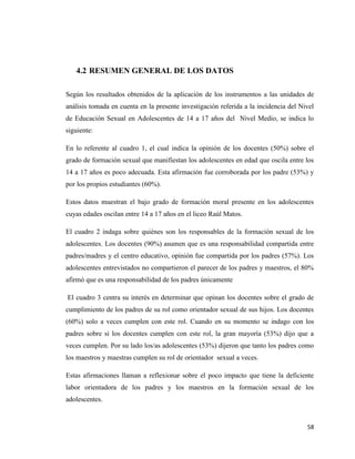58
4.2 RESUMEN GENERAL DE LOS DATOS
Según los resultados obtenidos de la aplicación de los instrumentos a las unidades de
análisis tomada en cuenta en la presente investigación referida a la incidencia del Nivel
de Educación Sexual en Adolescentes de 14 a 17 años del Nivel Medio, se indica lo
siguiente:
En lo referente al cuadro 1, el cual indica la opinión de los docentes (50%) sobre el
grado de formación sexual que manifiestan los adolescentes en edad que oscila entre los
14 a 17 años es poco adecuada. Esta afirmación fue corroborada por los padre (53%) y
por los propios estudiantes (60%).
Estos datos muestran el bajo grado de formación moral presente en los adolescentes
cuyas edades oscilan entre 14 a 17 años en el liceo Raúl Matos.
El cuadro 2 indaga sobre quiénes son los responsables de la formación sexual de los
adolescentes. Los docentes (90%) asumen que es una responsabilidad compartida entre
padres/madres y el centro educativo, opinión fue compartida por los padres (57%). Los
adolescentes entrevistados no compartieron el parecer de los padres y maestros, el 80%
afirmó que es una responsabilidad de los padres únicamente
El cuadro 3 centra su interés en determinar que opinan los docentes sobre el grado de
cumplimiento de los padres de su rol como orientador sexual de sus hijos. Los docentes
(60%) solo a veces cumplen con este rol. Cuando en su momento se indago con los
padres sobre si los docentes cumplen con este rol, la gran mayoría (53%) dijo que a
veces cumplen. Por su lado los/as adolescentes (53%) dijeron que tanto los padres como
los maestros y maestras cumplen su rol de orientador sexual a veces.
Estas afirmaciones llaman a reflexionar sobre el poco impacto que tiene la deficiente
labor orientadora de los padres y los maestros en la formación sexual de los
adolescentes.
 