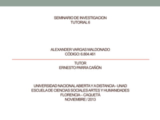 SEMINARIO DE INVESTIGACION
TUTORIAL 6

ALEXANDER VARGAS MALDONADO
CÓDIGO: 6.804.461
TUTOR
ERNESTO PARRA CAÑÓN

UNIVERSIDAD NACIONAL ABIERTA Y A DISTANCIA - UNAD
ESCUELA DE CIENCIAS SOCIALES ARTES Y HUMANIDADES
FLORENCIA – CAQUETÁ
NOVIEMBRE / 2013

 