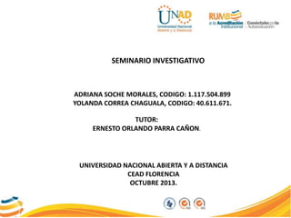 ADRIANA SOCHE MORALES
YOLANDA CORREA CHAGUALA
SEMINARIO INVESTIGATIVO

ADRIANA SOCHE MORALES, CODIGO: 1.117.504.899
YOLANDA CORREA CHAGUALA, CODIGO: 40.611.671.
TUTOR:
ERNESTO ORLANDO PARRA CAÑON.

UNIVERSIDAD NACIONAL ABIERTA Y A DISTANCIA
CEAD FLORENCIA
OCTUBRE 2013.

 