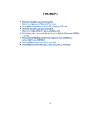 6. BIBLIOGRAFIA



 http://es.wikipedia.org/wiki/Disco_duro
 http://www.zator.com/Hardware/H6_1.htm
 http://www.hispazone.com/Guia/108/La-interfaz-IDE.html
 http://es.wikipedia.org/wiki/Serial_ATA
 http://www.dcc.uchile.cl/~jpavez/ultradma.html
 http://www.tqm.com.uy/catalog/cable-plano-dual-ide-hilos-ata66100133-p-
  151.html
 http://www.computing.net/answers/hardware/ultra-ata66100133-
  udma66100133-ide/1089.html
 http://es.kioskea.net/contents/pc/scsi.php3
 http://www.informaticamoderna.com/Disco_duro_SCSI.htm#car




                                   17
 