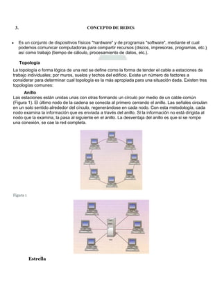3.                                   CONCEPTO DE REDES


   Es un conjunto de dispositivos físicos "hardware" y de programas "software", mediante el cual
   podemos comunicar computadoras para compartir recursos (discos, impresoras, programas, etc.)
   así como trabajo (tiempo de cálculo, procesamiento de datos, etc.).

      Topología
La topología o forma lógica de una red se define como la forma de tender el cable a estaciones de
trabajo individuales; por muros, suelos y techos del edificio. Existe un número de factores a
considerar para determinar cual topología es la más apropiada para una situación dada. Existen tres
topologías comunes:
      Anillo
Las estaciones están unidas unas con otras formando un círculo por medio de un cable común
(Figura 1). El último nodo de la cadena se conecta al primero cerrando el anillo. Las señales circulan
en un solo sentido alrededor del círculo, regenerándose en cada nodo. Con esta metodología, cada
nodo examina la información que es enviada a través del anillo. Si la información no está dirigida al
nodo que la examina, la pasa al siguiente en el anillo. La desventaja del anillo es que si se rompe
una conexión, se cae la red completa.




Figura 1




           Estrella
 