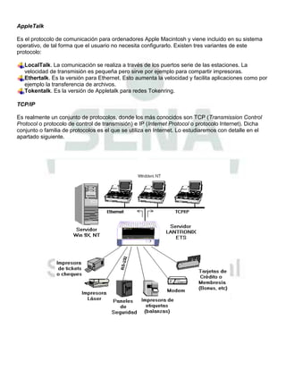 AppleTalk

Es el protocolo de comunicación para ordenadores Apple Macintosh y viene incluido en su sistema
operativo, de tal forma que el usuario no necesita configurarlo. Existen tres variantes de este
protocolo:

   LocalTalk. La comunicación se realiza a través de los puertos serie de las estaciones. La
   velocidad de transmisión es pequeña pero sirve por ejemplo para compartir impresoras.
   Ethertalk. Es la versión para Ethernet. Esto aumenta la velocidad y facilita aplicaciones como por
   ejemplo la transferencia de archivos.
   Tokentalk. Es la versión de Appletalk para redes Tokenring.

TCP/IP

Es realmente un conjunto de protocolos, donde los más conocidos son TCP (Transmission Control
Protocol o protocolo de control de transmisión) e IP (Internet Protocol o protocolo Internet). Dicha
conjunto o familia de protocolos es el que se utiliza en Internet. Lo estudiaremos con detalle en el
apartado siguiente.
 