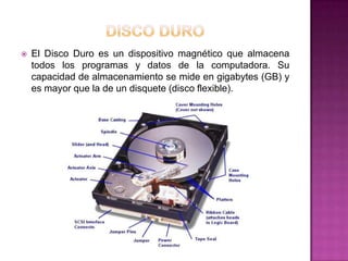    El Disco Duro es un dispositivo magnético que almacena
    todos los programas y datos de la computadora. Su
    capacidad de almacenamiento se mide en gigabytes (GB) y
    es mayor que la de un disquete (disco flexible).
 
