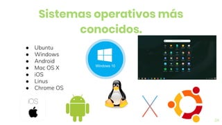 24
Sistemas operativos más
conocidos.
● Ubuntu
● Windows
● Android
● Mac OS X
● iOS
● Linus
● Chrome OS
 