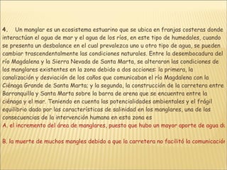 4.     Un manglar es un ecosistema estuarino que se ubica en franjas costeras donde interactúan el agua de mar y el agua de los ríos, en este tipo de humedales, cuando se presenta un desbalance en el cual prevalezca uno u otro tipo de agua, se pueden cambiar trascendentalmente las condiciones naturales. Entre la desembocadura del río Magdalena y la Sierra Nevada de Santa Marta, se alteraron las condiciones de los manglares existentes en la zona debido a dos acciones: la primera, la canalización y desviación de los caños que comunicaban el río Magdalena con la Ciénaga Grande de Santa Marta; y la segunda, la construcción de la carretera entre Barranquilla y Santa Marta sobre la barra de arena que se encuentra entre la ciénaga y el mar. Teniendo en cuenta las potencialidades ambientales y el frágil equilibrio dado por las características de salinidad en los manglares, una de las consecuencias de la intervención humana en esta zona es  A. el incremento del área de manglares, puesto que hubo un mayor aporte de agua dulce desde el río Magdalena hacia el estuario  B. la muerte de muchos mangles debido a que la carretera no facilitó la comunicación de agua entre el estuario y el mar C. un aumento de la pesca en la Ciénega Grande de Santa Marta, debido a que había un mayor aporte de agua del río Magdalena D. un aumento en los niveles de sedimentación en la Ciénega Grande de Santa Marta, debido al aporte de las corrientes hídricas cercanas 