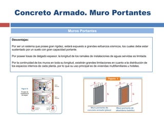 Concreto Armado. Muro Portantes
Muros Portantes
Desventajas:
Por ser un sistema que posee gran rigidez, estará expuesto a grandes esfuerzos sísmicos, los cuales debe estar
sustentado por un suelo con gran capacidad portante.
Por poseer losas de delgado espesor, la longitud de los ramales de instalaciones de aguas servidas es limitada.
Por la continuidad de los muros en toda su longitud, existirán grandes limitaciones en cuanto a la distribución de
los espacios internos de cada planta, por lo que su uso principal es de viviendas multifamiliares u hoteles.
 