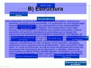 B) Estructura

Una corporación se forma emitiendo acciones a sus dueños, quienes son
  entonces conocidos como accionistas. La corporación es una entidad legal
  separada de sus accionistas, por consiguiente no hay responsabilidad
  personal por las pérdidas del negocio. Las excepciones a esta regla
  incluyen: los accionistas no mantienen sus cuentas personales y activos
  separados de las de la corporación o accionistas que no tengan los
  requerimientos estatutarios para manejar la corporación. Por ejemplo, en
  caso de fraude, los accionistas pueden ser demandados individualmente.
  Una corporación puede tener solo un dueño o muchos dueños, como los
  doctores y abogados, registrados como corporaciones profesionales
  .Algunas corporaciones de solo un dueño, como doctores y abogados,
  registrados como corporaciones de profesionales. Cada corporación debe
  tener: un Junta de Directores, la cual se reúne anualmente para tomar las
  decisiones más importantes de la corporación; y oficiales, quienes son
  responsables por llevar el día a día del negocio. Los dueños que también
  trabajan como empleados, reciben salarios más un dividendo distribución
  en las acciones, si la corporación tiene utilidades.
 