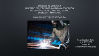 REPÚBLICA DE VENEZUELA
MINISTERIO DEL PODER POPULAR PARA LA EDUCACIÓN
INSTITUTO POLITÉCNICO SANTIAGO MARIÑO
EXTENSIÓN – MARACAIBO
MAPA CONCEPTUAL DE SOLDADURA
T.s.u.: Jose Luis Tello
c.i.: V 9.759.609
Carrera: 46
Mantenimiento Mecánico
 