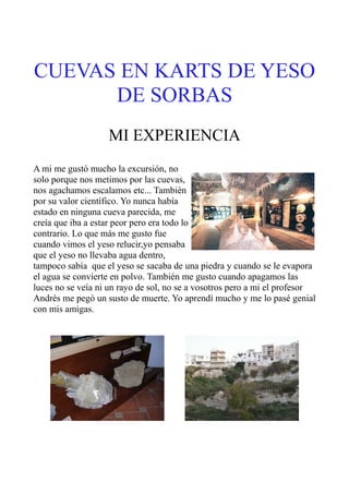 CUEVAS EN KARTS DE YESO
DE SORBAS
MI EXPERIENCIA
A mi me gustó mucho la excursión, no
solo porque nos metimos por las cuevas,
nos agachamos escalamos etc... También
por su valor científico. Yo nunca había
estado en ninguna cueva parecida, me
creía que iba a estar peor pero era todo lo
contrario. Lo que más me gusto fue
cuando vimos el yeso relucir,yo pensaba
que el yeso no llevaba agua dentro,
tampoco sabía que el yeso se sacaba de una piedra y cuando se le evapora
el agua se convierte en polvo. También me gusto cuando apagamos las
luces no se veía ni un rayo de sol, no se a vosotros pero a mi el profesor
Andrés me pegó un susto de muerte. Yo aprendí mucho y me lo pasé genial
con mis amigas.