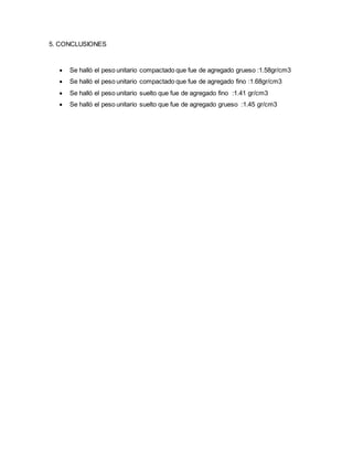 5. CONCLUSIONES
 Se halló el peso unitario compactado que fue de agregado grueso :1.58gr/cm3
 Se halló el peso unitario compactado que fue de agregado fino :1.68gr/cm3
 Se halló el peso unitario suelto que fue de agregado fino :1.41 gr/cm3
 Se halló el peso unitario suelto que fue de agregado grueso :1.45 gr/cm3
 