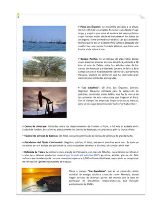 • Playa Los Órganos: se encuentra ubicada a la altura
del km 1153 de la carretera Panamericana Norte. Playa
larga y amplia que toma el nombre del cerro próximo
cuyas formas vistas desde el mar parecen dos tubos de
un órgano. Tiene un muelle artesanal,con balsasdevela
blanca que le da un aspecto muy curioso. Después del
muelle hay una punta llamada Veleros, que tiene una
bonita vista sobre el mar.
• Bosque Pariñas: Es un bosque de algarrobos donde
viven especies propias de zona desértica, ubicado a 18
kms al este de Talara entre las estribaciones de los
Cerros De Amotape y el Desierto Costero de Talara. Este
campo seco es el hábitatdonde sobrevive la Cortarrama
Peruana, especie en extinción que ha concitado gran
atención por entidades ecologistas.
• "Los Caballitos": (El Alto, Los Órganos, Lobitos,
Negritos) Máquina utilizada para la extracción de
petróleo, conocidos como Lufkin, que fue la marca de
las primeras de esta naturaleza que llegaron al Perú.
Con el tiempo las empresas importaron otras marcas,
pero se les sigue denominando “Lufkin” o “Caballitos”.
• Cerros de Amotape: Ubicados entre los departamentos de Tumbes y Piura, a 50 kms al sudeste de la
ciudad de Tumbes. En su límite, precisamente los Cerros de Amotape, se caracteriza por su fauna y flora.
• Yacimiento de fósil de Ballenas: (El Alto), conjunto petrificado de restos de ballenas de gran tamaño.
• Plataforma del Zócalo Continental: (Negritos, Lobitos, El Alto), extraen el petróleo en el mar. Es todo un
atractivo para el turista porque desde la costa se pueden observar a distintas distancias en el mar
• Refinería de Talara: La refinería más grande de Petroperú, con más de 90 años, cuya misión es refinar el
crudo para obtener productos como el gas licuado del petróleo (GLP), gasolina, aceites, grasas, etc. Esta
refinería será modernizada con una inversión superior a 1,000 millones dedólares,mejorando su capacidad
de refinación y generando fuentes de trabajo.
Playa y cuevas “Las Capullanas” que es un conocido centro
mundial de energía cósmica conocido como Akenesis, donde
llegan turistas de diversas partes del mundo con la idea de
participar en encuentros interplanetarios, que incluyen
avistamiento de OVNIs.
 