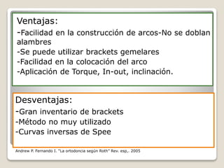 Ventajas:
-Facilidad en la construcción de arcos-No se doblan
alambres
-Se puede utilizar brackets gemelares
-Facilidad en la colocación del arco
-Aplicación de Torque, In-out, inclinación.
Andrew P. Fernando I. “La ortodoncia según Roth” Rev. esp,. 2005
Desventajas:
-Gran inventario de brackets
-Método no muy utilizado
-Curvas inversas de Spee
 