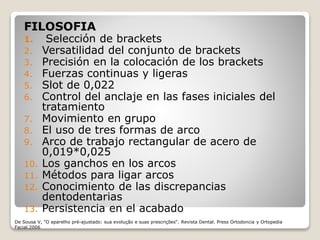 FILOSOFIA
1. Selección de brackets
2. Versatilidad del conjunto de brackets
3. Precisión en la colocación de los brackets
4. Fuerzas continuas y ligeras
5. Slot de 0,022
6. Control del anclaje en las fases iniciales del
tratamiento
7. Movimiento en grupo
8. El uso de tres formas de arco
9. Arco de trabajo rectangular de acero de
0,019*0,025
10. Los ganchos en los arcos
11. Métodos para ligar arcos
12. Conocimiento de las discrepancias
dentodentarias
13. Persistencia en el acabado
De Sousa V, "O aparelho pré-ajustado: sua evolução e suas prescrições“. Revista Dental. Press Ortodoncia y Ortopedia
Facial.2006
 