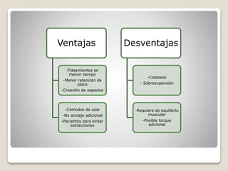 Ventajas
-Tratamientos en
menor tiempo
-Menor retención de
placa
-Creación de espacios
-Cómodos de usar
-No anclaje adicional
-Pacientes para evitar
extracciones
Desventajas
-Costosos
- Sobreexpansión
-Requiere de equilibrio
muscular
-Posible torque
adicional
 