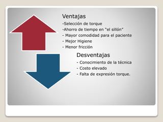 Ventajas
-Selección de torque
-Ahorro de tiempo en “el sillón”
- Mayor comodidad para el paciente
- Mejor Higiene
- Menor fricción
Desventajas
- Conocimiento de la técnica
- Costo elevado
- Falta de expresión torque.
 