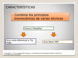 CARACTERÍSTICAS
 Combina los principios
biomecánicos de varias técnicas
De Angeles V, “The amalgameted Tecnique, a mechanically and biologically efficient method for
controlled tooth movement”
Forma 2 filosofías
Arco recto diferencial o Tip
Edge Arco Recto MBT
 