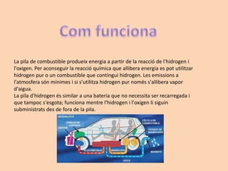 La pila de combustible produeix energia a partir de la reacció de l'hidrogen i
l'oxigen. Per aconseguir la reacció química que allibera energia es pot utilitzar
hidrogen pur o un combustible que contingui hidrogen. Les emissions a
l'atmosfera són mínimes i si s'utilitza hidrogen pur només s'allibera vapor
d'aigua.
La pila d'hidrogen és similar a una bateria que no necessita ser recarregada i
que tampoc s'esgota; funciona mentre l'hidrogen i l'oxigen li siguin
subministrats des de fora de la pila.
 