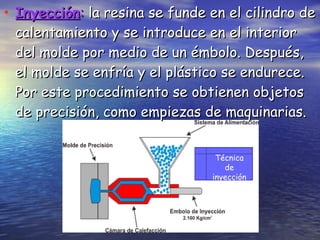 Inyección :  la resina se funde en el cilindro de calentamiento y se introduce en el interior del molde por medio de un émbolo. Después, el molde se enfría y el plástico se endurece. Por este procedimiento se obtienen objetos de precisión, como empiezas de maquinarias. Técnica de inyección 