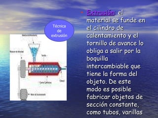 Extrusión :  el material se funde en el cilindro de calentamiento y el tornillo de avance lo obliga a salir por la boquilla intercambiable que tiene la forma del objeto. De este modo es posible fabricar objetos de sección constante, como tubos, varillas y mangueras. Técnica de extrusión 