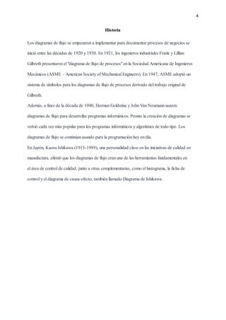 4‌ ‌
 
Historia‌ ‌
 
Los‌‌
diagramas‌‌
de‌‌
flujo‌‌
se‌‌
empezaron‌‌
a‌‌
implementar‌‌
para‌‌
documentar‌‌
procesos‌‌
de‌‌
negocios‌‌
se‌‌
 
inició‌‌
entre‌‌
las‌‌
décadas‌‌
de‌‌
1920‌‌
y‌‌
1930.‌‌
En‌‌
1921,‌‌
los‌‌
ingenieros‌‌
industriales‌‌
Frank‌‌
y‌‌
Lillian‌‌
 
Gilbreth‌‌
presentaron‌‌
el‌‌
"diagrama‌‌
de‌‌
flujo‌‌
de‌‌
procesos"‌‌
en‌‌
la‌‌
Sociedad‌‌
Americana‌‌
de‌‌
Ingenieros‌‌
 
Mecánicos‌‌
(ASME‌‌
–‌‌
American‌‌
Society‌‌
of‌‌
Mechanical‌‌
Engineers).‌‌
En‌‌
1947,‌‌
ASME‌‌
adoptó‌‌
un‌‌
 
sistema‌‌
de‌‌
símbolos‌‌
para‌‌
los‌‌
diagramas‌‌
de‌‌
flujo‌‌
de‌‌
procesos‌‌
derivado‌‌
del‌‌
trabajo‌‌
original‌‌
de‌‌
 
Gilbreth.‌ ‌
 
Además,‌‌
a‌‌
fines‌‌
de‌‌
la‌‌
década‌‌
de‌‌
1940,‌‌
Herman‌‌
Goldstine‌‌
y‌‌
John‌‌
Van‌‌
Neumann‌‌
usaron‌‌
 
diagramas‌‌
de‌‌
flujo‌‌
para‌‌
desarrollar‌‌
programas‌‌
informáticos.‌‌
Pronto‌‌
la‌‌
creación‌‌
de‌‌
diagramas‌‌
se‌‌
 
volvió‌‌
cada‌‌
vez‌‌
más‌‌
popular‌‌
para‌‌
los‌‌
programas‌‌
informáticos‌‌
y‌‌
algoritmos‌‌
de‌‌
todo‌‌
tipo.‌‌
Los‌‌
 
diagramas‌‌
de‌‌
flujo‌‌
se‌‌
continúan‌‌
usando‌‌
para‌‌
la‌‌
programación‌‌
hoy‌‌
en‌‌
día.‌ ‌
 
En‌‌
Japón,‌‌
Kaoru‌‌
Ishikawa‌‌
(1915-1989),‌‌
una‌‌
personalidad‌‌
clave‌‌
en‌‌
las‌‌
iniciativas‌‌
de‌‌
calidad‌‌
en‌‌
 
manufactura,‌‌
afirmó‌‌
que‌‌
los‌‌
diagramas‌‌
de‌‌
flujo‌‌
eran‌‌
una‌‌
de‌‌
las‌‌
herramientas‌‌
fundamentales‌‌
en‌‌
 
el‌‌
área‌‌
de‌‌
control‌‌
de‌‌
calidad,‌‌
junto‌‌
a‌‌
otras‌‌
complementarias,‌‌
como‌‌
el‌‌
histograma,‌‌
la‌‌
ficha‌‌
de‌‌
 
control‌‌
y‌‌
el‌‌
diagrama‌‌
de‌‌
causa-efecto,‌‌
también‌‌
llamado‌‌
Diagrama‌‌
de‌‌
Ishikawa.‌ ‌
 
‌
 
‌
 
‌
 
‌
 
‌
 
‌
 
‌
 
‌
 
‌
 
‌
 
‌
 
‌
 
‌
 
‌
 
‌
 
‌
 
 