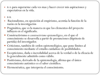  R-A: para superarme cada ves mas y hacer crecer mis aspiraciones y
expectativas en la vida.
 R-B:
 Racionalismo, en oposición al empirismo, acentúa la función de la
razón en la investigación
 Pragmática, que es la manera en que los elementos del proyecto
influyen en el significado.
 Constructivismo o constructivismo epistemológico, en el que el
conocimiento se desarrolla a partir de presunciones (hipótesis de
partida) del investigador.
 Criticismo, también de orden epistemológico, que pone límites al
conocimiento mediante el estudio cuidadoso de posibilidades.
 Escepticismo, duda o incredulidad acerca de la verdad o de la eficacia de
lo generalmente admitido como válido.
 Positivismo, derivado de la epistemología, afirma que el único
conocimiento auténtico es el saber científico.
 Hermenéutica, que interpreta el conocimiento.
 