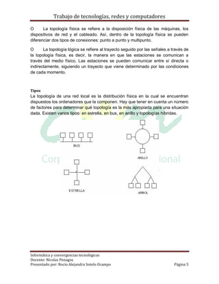 Trabajo de tecnologías, redes y computadores

O      La topología física se refiere a la disposición física de las máquinas, los
dispositivos de red y el cableado. Así, dentro de la topología física se pueden
diferenciar dos tipos de conexiones: punto a punto y multipunto.

O      La topología lógica se refiere al trayecto seguido por las señales a través de
la topología física, es decir, la manera en que las estaciones se comunican a
través del medio físico. Las estaciones se pueden comunicar entre sí directa o
indirectamente, siguiendo un trayecto que viene determinado por las condiciones
de cada momento.



Tipos
La topología de una red local es la distribución física en la cual se encuentran
dispuestos los ordenadores que la componen. Hay que tener en cuenta un número
de factores para determinar qué topología es la más apropiada para una situación
dada. Existen varios tipos: en estrella, en bus, en anillo y topologías híbridas.




Informática y convergencias tecnológicas
Docente: Nicolas Penagos
Presentado por: Rocio Alejandra Sotelo Ocampo                                Página 5
 