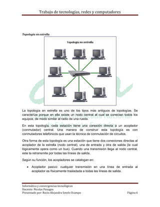 Trabajo de tecnologías, redes y computadores




Topología en estrella




La topología en estrella es uno de los tipos más antiguos de topologías. Se
caracteriza porque en ella existe un nodo central al cual se conectan todos los
equipos, de modo similar al radio de una rueda.

En esta topología, cada estación tiene una conexión directa a un acoplador
(conmutador) central. Una manera de construir esta topología es con
conmutadores telefónicos que usan la técnica de conmutación de circuitos.

Otra forma de esta topología es una estación que tiene dos conexiones directas al
acoplador de la estrella (nodo central), una de entrada y otra de salida (la cual
lógicamente opera como un bus). Cuando una transmisión llega al nodo central,
este la retransmite por todas las líneas de salida.

Según su función, los acopladores se catalogan en:

      Acoplador pasivo: cualquier transmisión en una línea de entrada al
       acoplador es físicamente trasladada a todas las líneas de salida.



Informática y convergencias tecnológicas
Docente: Nicolas Penagos
Presentado por: Rocio Alejandra Sotelo Ocampo                            Página 6
 