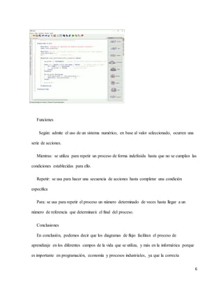 6
Funciones
Según: admite el uso de un sistema numérico, en base al valor seleccionado, ocurren una
serie de acciones.
Mientras: se utiliza para repetir un proceso de forma indefinida hasta que no se cumplan las
condiciones establecidas para ello.
Repetir: se usa para hacer una secuencia de acciones hasta completar una condición
especifica
Para: se usa para repetir el proceso un número determinado de veces hasta llegar a un
número de referencia que determinará el final del proceso.
Conclusiones
En conclusión, podemos decir que los diagramas de flujo facilitan el proceso de
aprendizaje en los diferentes campos de la vida que se utiliza, y más en la informática porque
es importante en programación, economía y procesos industriales, ya que la correcta
 