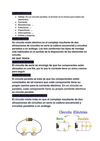 Circuito paralelo:
● Voltaje. En un circuito paralelo, la tensión es la misma para todos los
elementos.
● Corriente.
● Resistencias. ...
● Inductores. ...
● Capacitores. ...
● Interruptores. ...
● Celdas y baterías.
Circuito mixto:
Un circuito mixto eléctrico es el complejo resultante de dos
alineaciones de circuitos en serie (o cadena secuencial) y circuitos
paralelos o en análogo. Las tres conforman los tipos de montaje
más habituales en el sentido de la disposición de los elementos en
circuito.
DE QUE TRATA
Circuitos de serie: .
El circuito de serie se encarga de que los componentes están
alineados en una fila, por lo que la corriente tiene un único camino
para seguir.
Circuito paralelo
El circuito paralelo se trata de que los componentes están
conectados de tal manera que cada componente tiene su
propio camino para la corriente eléctrica. En un circuito en
paralelo, cada componente tiene su propia corriente electrico
en circuito paralelo
Circuito mixto:Circuito paralelo
El circuito mixto trata en que el complejo resultante de dos
alineaciones de circuitos en serie (o cadena secuencial) y
circuitos paralelos o en análogo
 