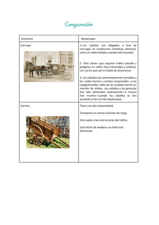 Comparación
Ancestros Desventajas
Carruaje: 1. Los caballos son obligados a tirar de
carruajes en condiciones climáticas extremas,
como en calles heladas cuando está nevando.
2. Ellos tienen que esquivar tráfico pesado y
peligroso en calles muy transitadas y ruidosas,
con carros que van en todas las direcciones
3. Los caballos son extremadamente sensibles a
los ruidos fuertes y sonidos inesperados—y las
congestionadas calles de las ciudades tienen un
montón de ambos. Los caballos y las personas
han sido lastimados severamente—e incluso
han muerto—cuando los caballos se han
asustado y han corrido desbocados.
Carreta: Tiene una alta siniestralidad.
Transporta un menor volumen de carga.
Está sujeto a las restricciones del tráfico.
Está hecho de madera y se daña más
fácilmente.
 