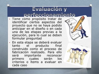 • Tiene como propósito tratar de
identificar ciertos aspectos del
proyecto que no se haya podido
anticipar en el diseño o en cada
una de las etapas previas a la
ejecución, para lo cual se deben
formular preguntad
• En esta etapa se deberá evaluar
tanto el producto final
construido como el proceso de
fabricación realizado. Para ello
será importante reconocer
primero cuales serán los
criterios o ítems a evaluar en
cada caso
 
