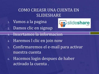 COMO CREASR UNA CUENTA EN
                  SLIDESHARE
1.   Vamos a la pagina
2.   Damos clic en signup
3.   Insertamos la informacion
4.   Haremos l clic en join now
5.   Confirmaremos el e-mail para activar
     nuestra cuenta
6.   Hacemos login despues de haber
     activado la cuenta .
 