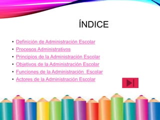 ÍNDICE
• Definición de Administración Escolar
• Procesos Administrativos
• Principios de la Administración Escolar
• Objetivos de la Administración Escolar
• Funciones de la Administración Escolar
• Actores de la Administración Escolar
 