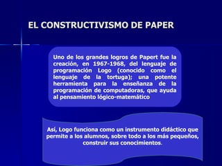 EL CONSTRUCTIVISMO DE PAPER Uno de los grandes logros de Papert fue la creación, en 1967-1968, del lenguaje de programació...