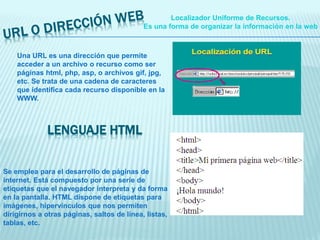 Localizador Uniforme de Recursos.
Es una forma de organizar la información en la web
Una URL es una dirección que permite
acceder a un archivo o recurso como ser
páginas html, php, asp, o archivos gif, jpg,
etc. Se trata de una cadena de caracteres
que identifica cada recurso disponible en la
WWW.
LENGUAJE HTML
Se emplea para el desarrollo de páginas de
internet. Está compuesto por una serie de
etiquetas que el navegador interpreta y da forma
en la pantalla. HTML dispone de etiquetas para
imágenes, hipervínculos que nos permiten
dirigirnos a otras páginas, saltos de línea, listas,
tablas, etc.
 