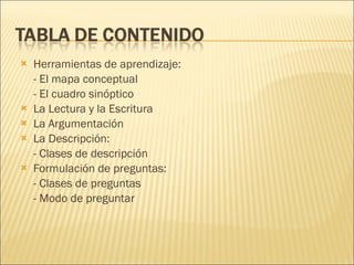 Herramientas de aprendizaje: - El mapa conceptual - El cuadro sinóptico La Lectura y la Escritura  La Argumentación  La Descripción: - Clases de descripción Formulación de preguntas: - Clases de preguntas - Modo de preguntar  
