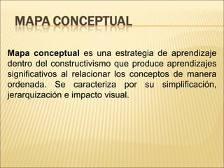 Mapa conceptual  es una estrategia de aprendizaje dentro del constructivismo que produce aprendizajes significativos al relacionar los conceptos de manera ordenada. Se caracteriza por su simplificación, jerarquización e impacto visual. 