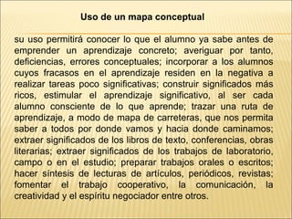 Uso de un mapa conceptual  su uso permitirá conocer lo que el alumno ya sabe antes de emprender un aprendizaje concreto; averiguar por tanto, deficiencias, errores conceptuales; incorporar a los alumnos cuyos fracasos en el aprendizaje residen en la negativa a realizar tareas poco significativas; construir significados más ricos, estimular el aprendizaje significativo, al ser cada alumno consciente de lo que aprende; trazar una ruta de aprendizaje, a modo de mapa de carreteras, que nos permita saber a todos por donde vamos y hacia donde caminamos; extraer significados de los libros de texto, conferencias, obras literarias; extraer significados de los trabajos de laboratorio, campo o en el estudio; preparar trabajos orales o escritos; hacer síntesis de lecturas de artículos, periódicos, revistas; fomentar el trabajo cooperativo, la comunicación, la creatividad y el espíritu negociador entre otros. 