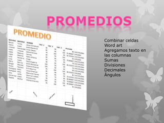 Combinar celdas
Word art
Agregamos texto en
las columnas
Sumas
Divisiones
Decimales
Ángulos

 