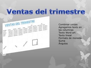 Combinar celdas
Agregamos texto en
las columnas
Texto Word art
Texto lineal
Formato de moneda
Suma
Ángulos

 