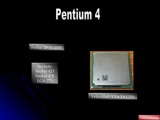 Pentium 4 Fecha:   20-11-2000 Velocidad:  1.3 a 3.8  GHz Sockets: Socket 423 Socket 478 LGA 775 Volver a la lista 
