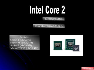 Intel Core 2 Fecha:  27-6-2006 Velocidad:  1.06 a 3.33  GHz Sockets: Socket T (LGA 775) Socket M (µPGA 478) Socket P (µPGA 478) Micro-FCBGA (µBGA 479) Volver a la lista 