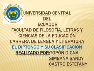 UNIVERSIDAD CENTRAL
               DEL
            ECUADOR
 FACULTAD DE FILOSOFÍA, LETRAS Y
    CIENCIAS DE LA EDUCACIÓN
CARRERA DE LENGUA Y LITERATURA
 EL DIPTONGO Y SU CLASIFICACIÓN
   REALIZADO POR:TOPÓN DIGNA
                 SIMBAÑA SANDY
                 CASTRO ESTEFANY
 
