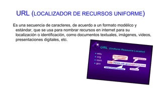 URL (LOCALIZADOR DE RECURSOS UNIFORME)
Es una secuencia de caracteres, de acuerdo a un formato modélico y
estándar, que se usa para nombrar recursos en internet para su
localización o identificación, como documentos textuales, imágenes, videos,
presentaciones digitales, etc.
 