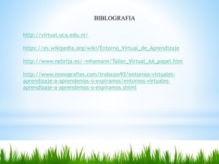 BIBLOGRAFIA
http://virtual.uca.edu.ni/
https://es.wikipedia.org/wiki/Entorno_Virtual_de_Aprendizaje
http://www.nebrija.es/~mhamann/Taller_Virtual_AA_papel.htm
http://www.monografias.com/trabajos93/entornos-virtuales-
aprendizaje-a-aprendemos-o-expiramos/entornos-virtuales-
aprendizaje-a-aprendemos-o-expiramos.shtml
 