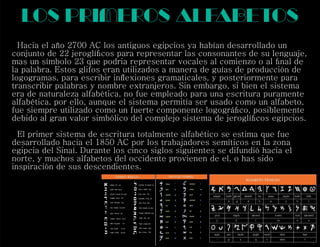 los primeros alfabetos
Hacia el año 2700 AC los antiguos egipcios ya habían desarrollado un
conjunto de 22 jeroglíﬁcos para representar las consonantes de su lenguaje,
mas un símbolo 23 que podria representar vocales al comienzo o al ﬁnal de
la palabra. Estos glifos eran utilizados a manera de guías de producción de
logogramas, para escribir inﬂexiones gramaticales, y posteriormente para
transcribir palabras y nombre extranjeros. Sin embargo, si bien el sistema
era de naturaleza alfabética, no fue empleado para una escritura puramente
alfabética. por ello, aunque el sistema permitía ser usado como un alfabeto,
fue siempre utilizado como un fuerte componente logográﬁco, posiblemente
debido al gran valor simbólico del complejo sistema de jeroglíﬁcos egipcios.
El primer sistema de escritura totalmente alfabético se estima que fue
desarrollado hacia el 1850 AC por los trabajadores semíticos en la zona
egipcia del Sinaí. Durante los cinco siglos siguientes se difundió hacia el
norte, y muchos alfabetos del occidente provienen de el, o has sido
inspiración de sus descendientes.
 