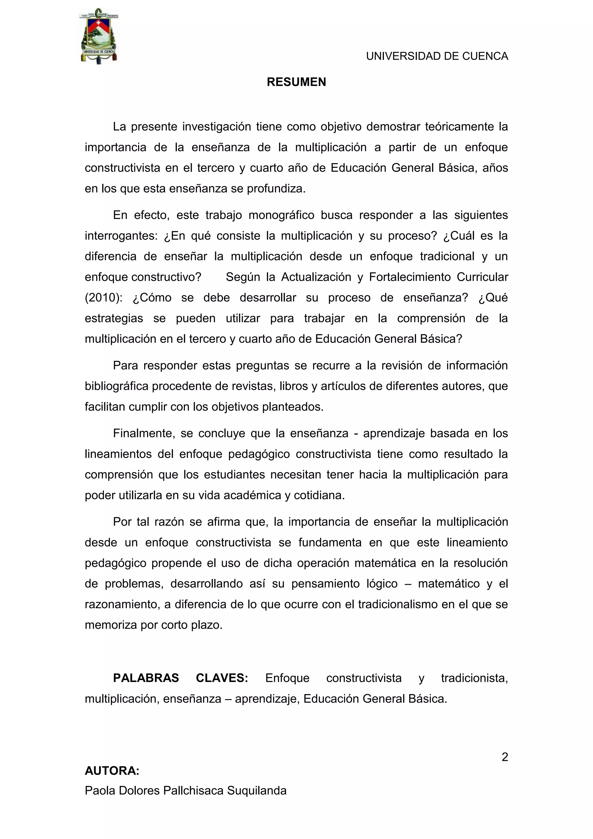 “Enseñanza de la multiplicación desde un enfoque constructivista en ...